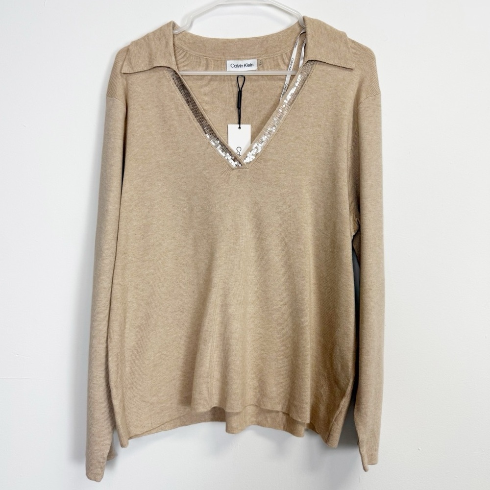 Calvin Klein Sweater Womens XL Tan VNeck Polo Collared Sequin Trim NWT